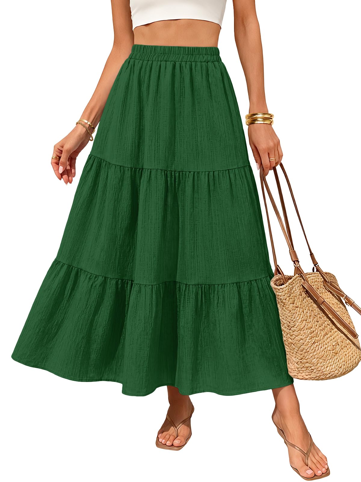 Women's Flowy A-Line Maxi Skirts 2026 Summer Elastic High Waist Tiered Textured Beach Vacation Long Skirt