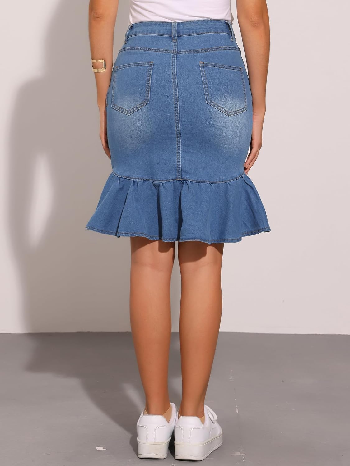 Allegra K Denim Skirt for Women's Summer 2026 Bodycon Fishtail Ruffled Knee Length Jean Skirt