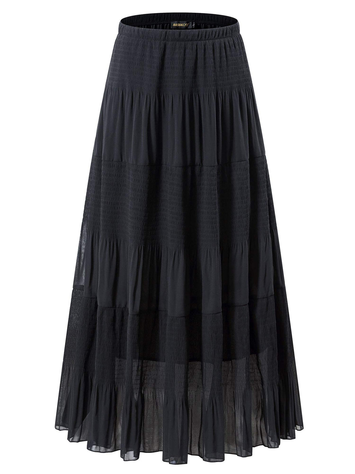 NASHALYLY Women's Chiffon Elastic High Waist Pleated A-Line Maxi Skirts
