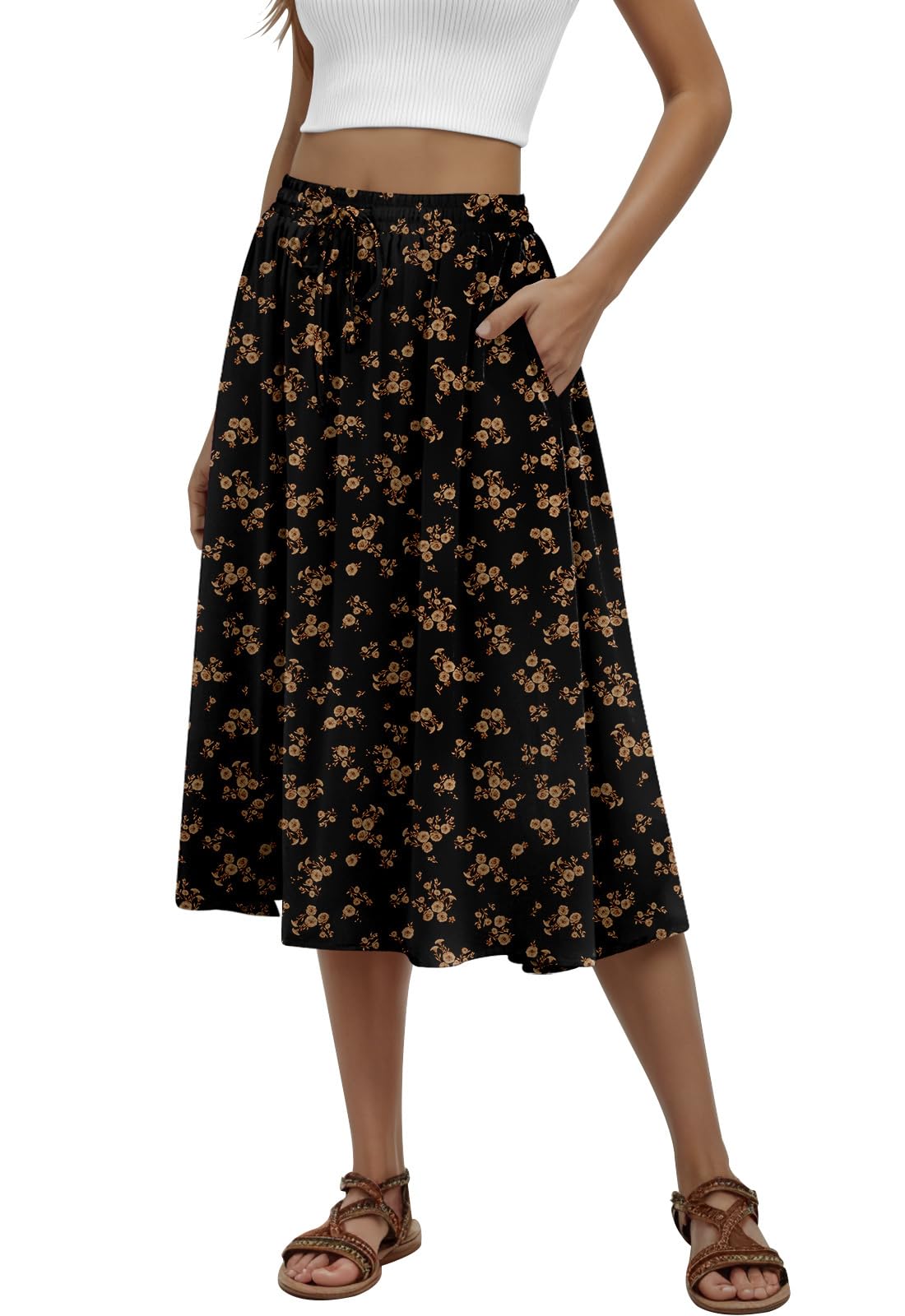 MLXSJ Women's Midi Skirt Summer Pleated Flowy Skirts with Pockets S-3XL