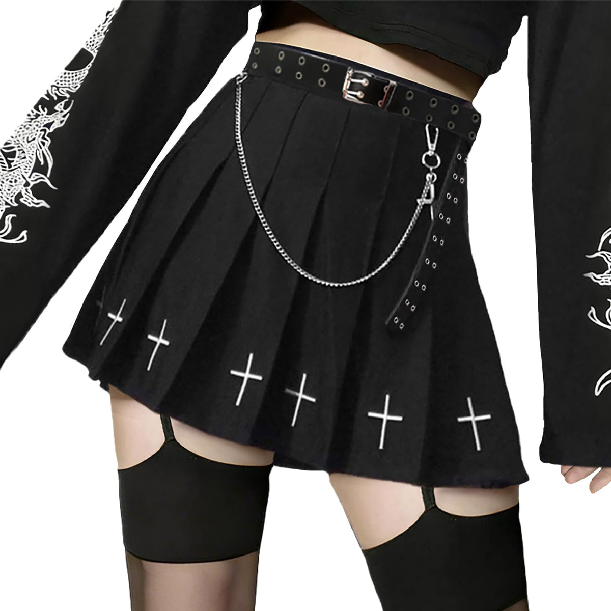 AULKEEP Pleated Mini Skirt Goth High Waist Skort with Belt