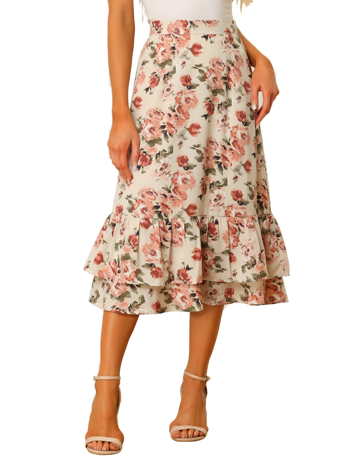 Allegra K Women's Printed Skirt Chiffon Ruffle Tiered Flowy Midi Skirts