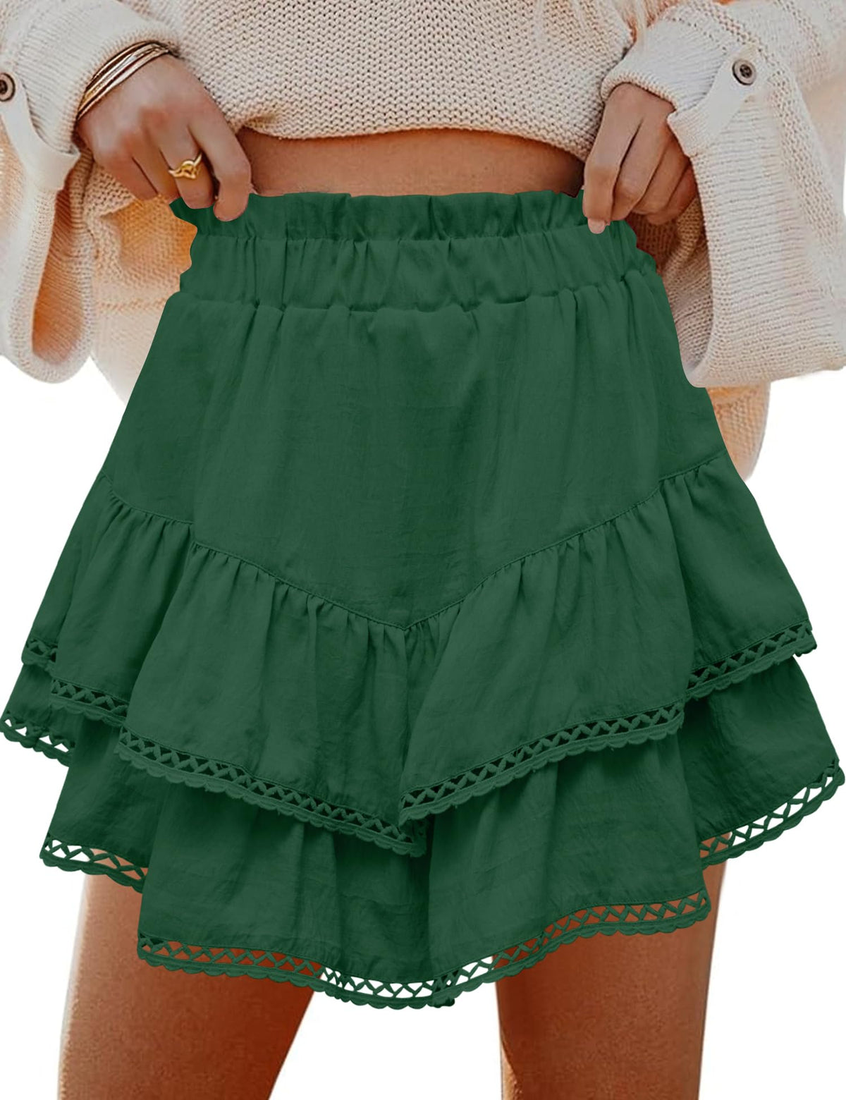 LOMON Flowy Skorts for Women Ruffle Tiered High Waist Crochet Mini Skirts