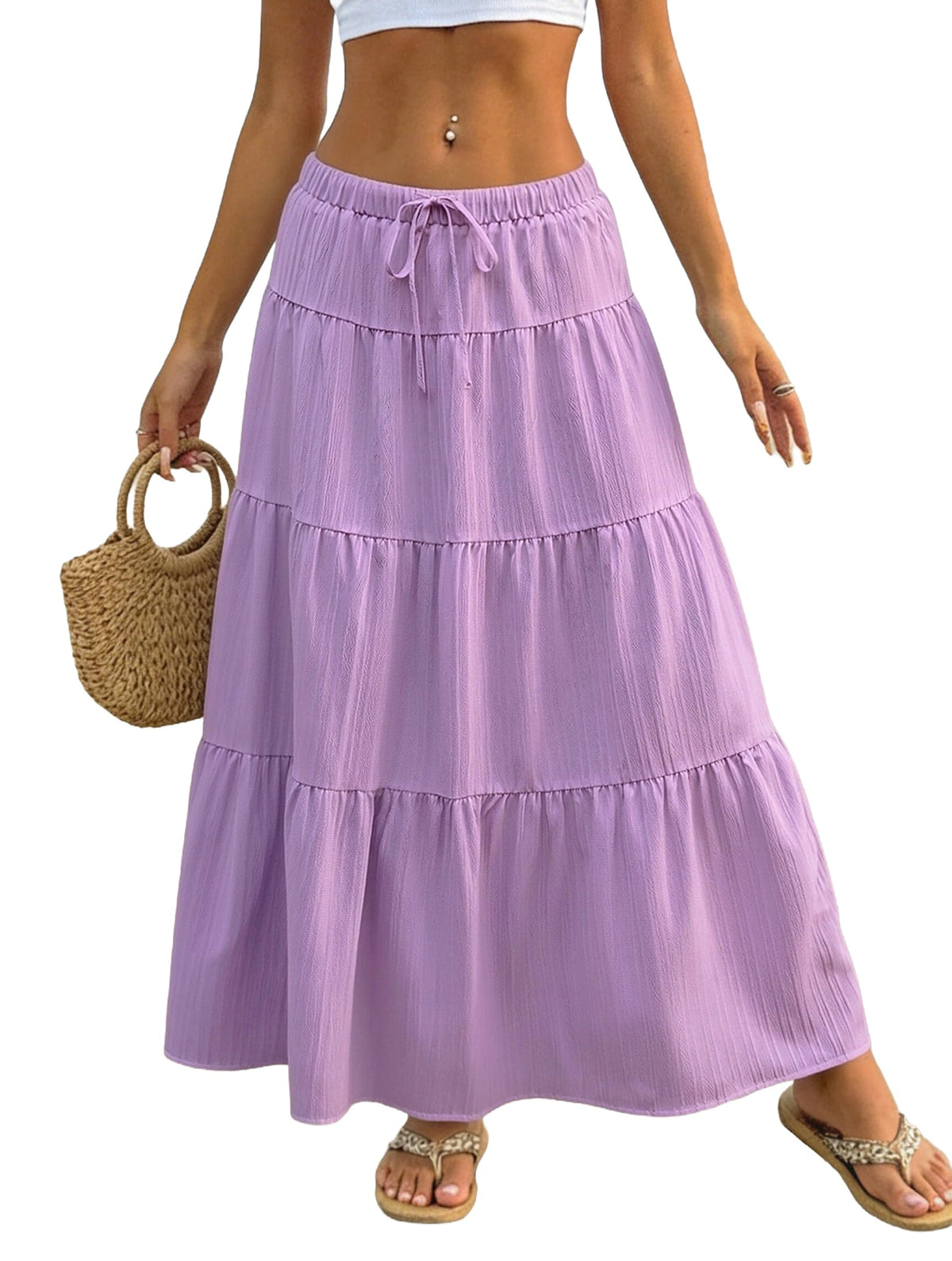 Halife Womens Boho Maxi Skirts Flowy Flared Ruffle Long Skirts Beach Vacation Elastic Waisted Summer Skirts