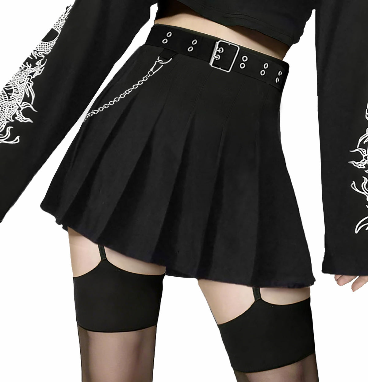 AULKEEP Pleated Mini Skirt Goth High Waist Skort with Belt