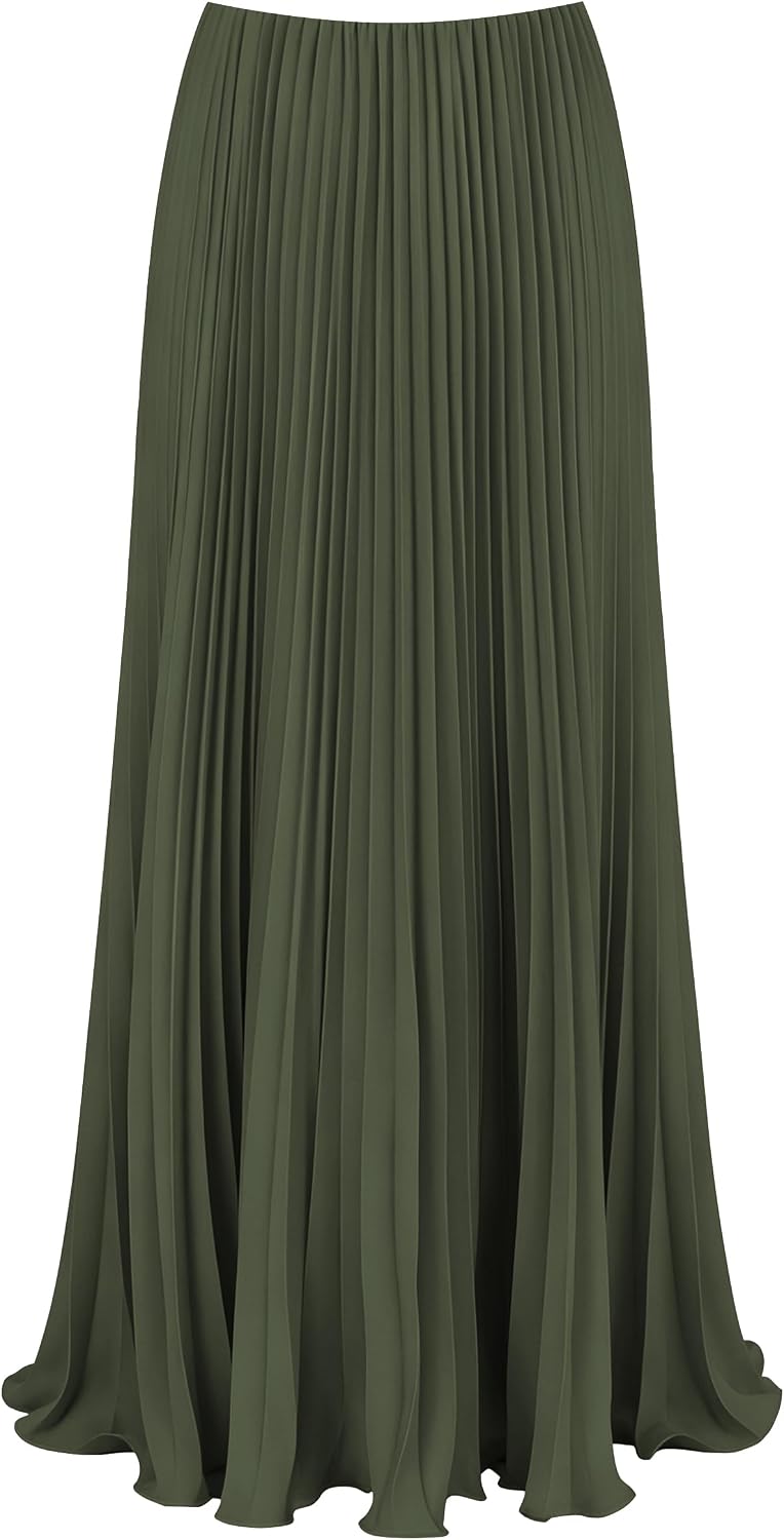 Women's Pleated Maxi Skirt High Waisted A-Line Swing Long Skirts
