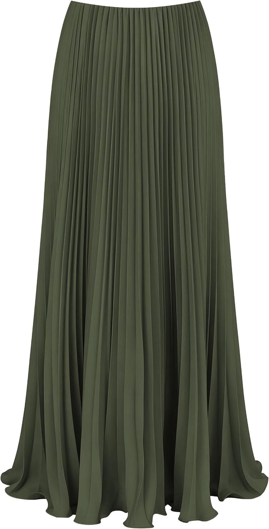 Women's Pleated Maxi Skirt High Waisted A-Line Swing Long Skirts