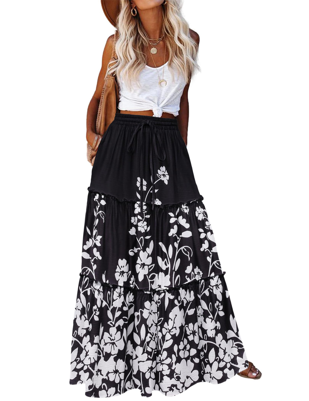 Zeagoo Womens Casual Maxi Skirts for Women 2026 High Waist Boho Skirts Floral Printed Long Flowy Skirt with Pockets