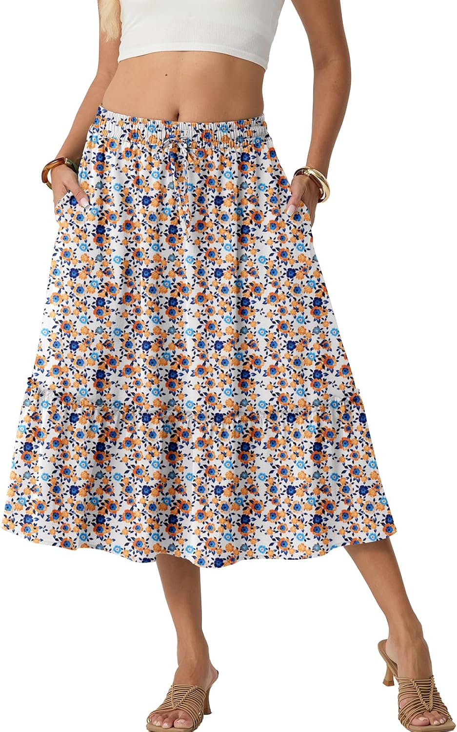FREEOAK Skirts for Women High Waisted Tiered A Line Midi Skirt Knee Length Summer Skirts Drawstring with Pockets