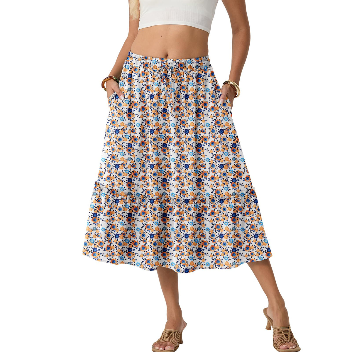 FREEOAK Skirts for Women High Waisted Tiered A Line Midi Skirt Knee Length Summer Skirts Drawstring with Pockets