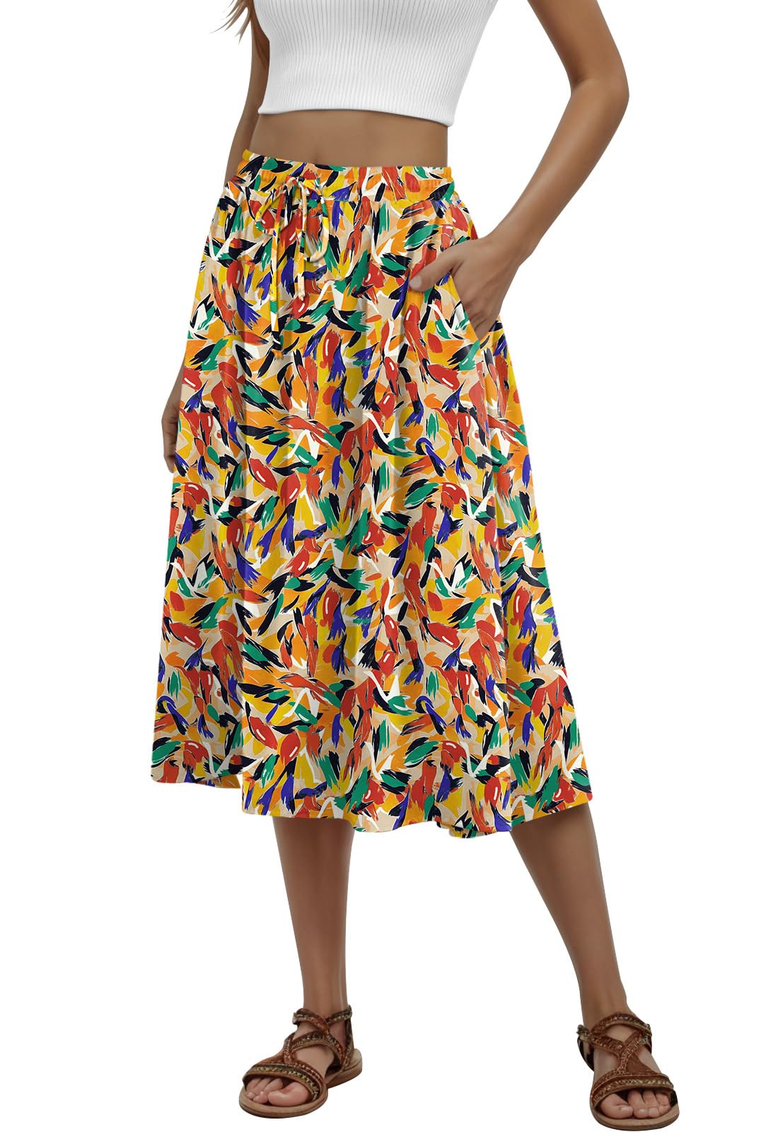 MLXSJ Women's Midi Skirt Summer Pleated Flowy Skirts with Pockets S-3XL