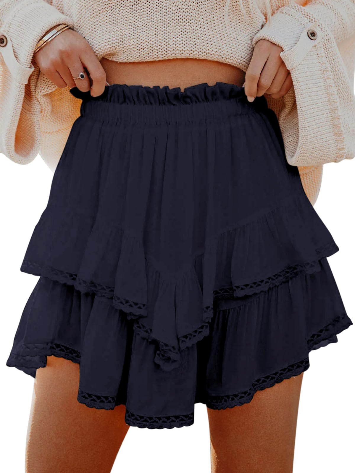 Aoudery Flowy Shorts for Women Casual Boho Ruffle Tiered Skorts High Waist Mini Skirts Golf Tennis Crochet Shorts