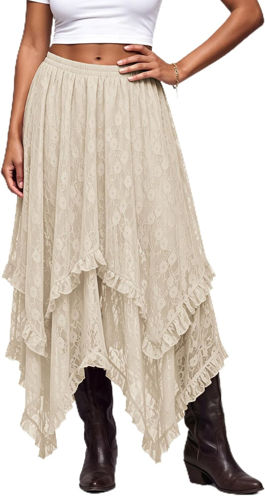 Scarlet Darkness Lace Skirt for Women Asymmetrical Flowy Boho Maxi Skirts