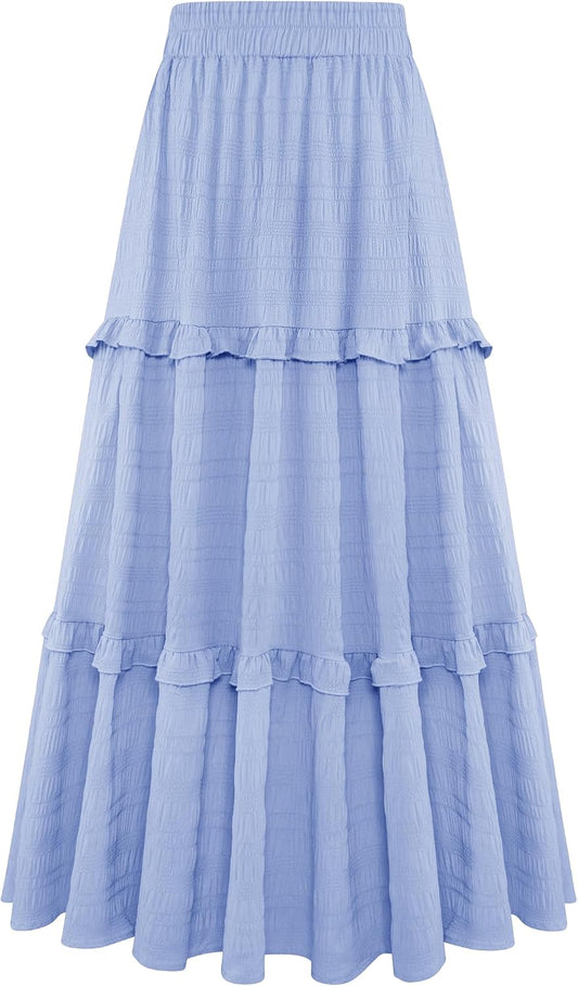 Gracyoga Maxi Skirts for Women Casual Elegant High Waisted A Line Flowy Ruffle Tiered Long Skirt with Pockets