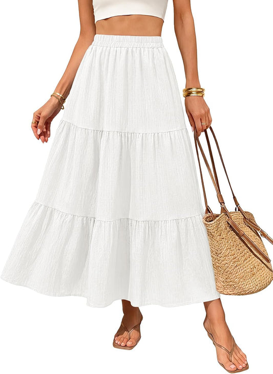 Women's Flowy A-Line Maxi Skirts 2026 Summer Elastic High Waist Tiered Textured Beach Vacation Long Skirt