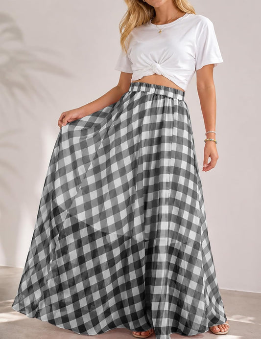 Women Vintage Checkered Plaid Maxi Skirt High Waisted Flowy A Line Casual Long Skirt