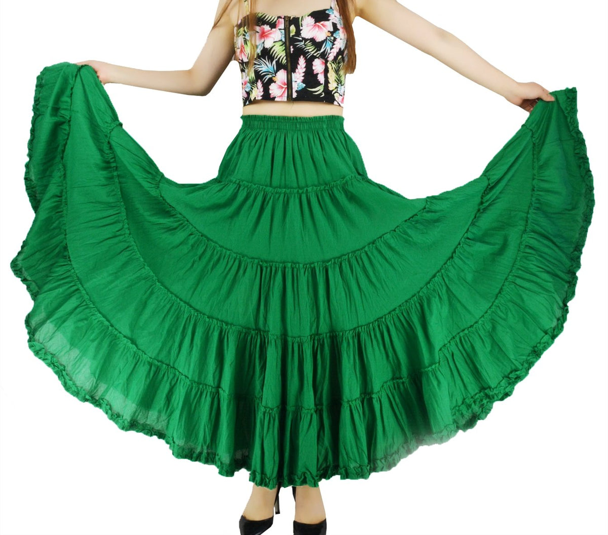 Women's Maxi Skirt Boho Pleated Cotton 5 Tiered Long A-Line Dance Skirts