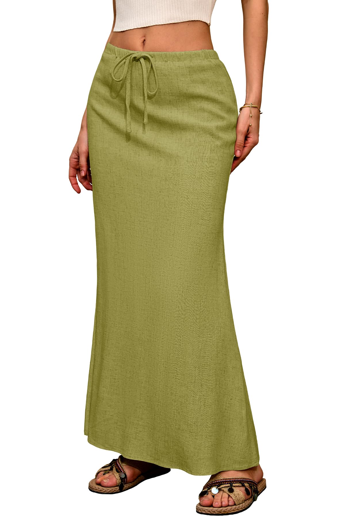 ELLEVEN Linen Flared Maxi Skirt, Boho Flowy Ankle-Length Skirts for Women