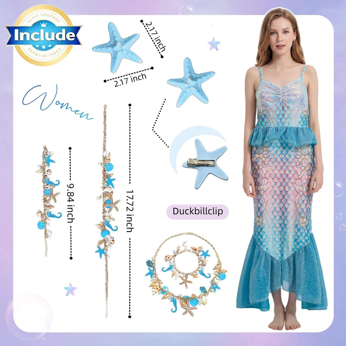 5PCS Mermaid Costume for Women Include Mermaid Dress Shell Necklace Bracelet Starfish Hairclip for Party Halloween