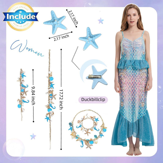 5PCS Mermaid Costume for Women Include Mermaid Dress Shell Necklace Bracelet Starfish Hairclip for Party Halloween