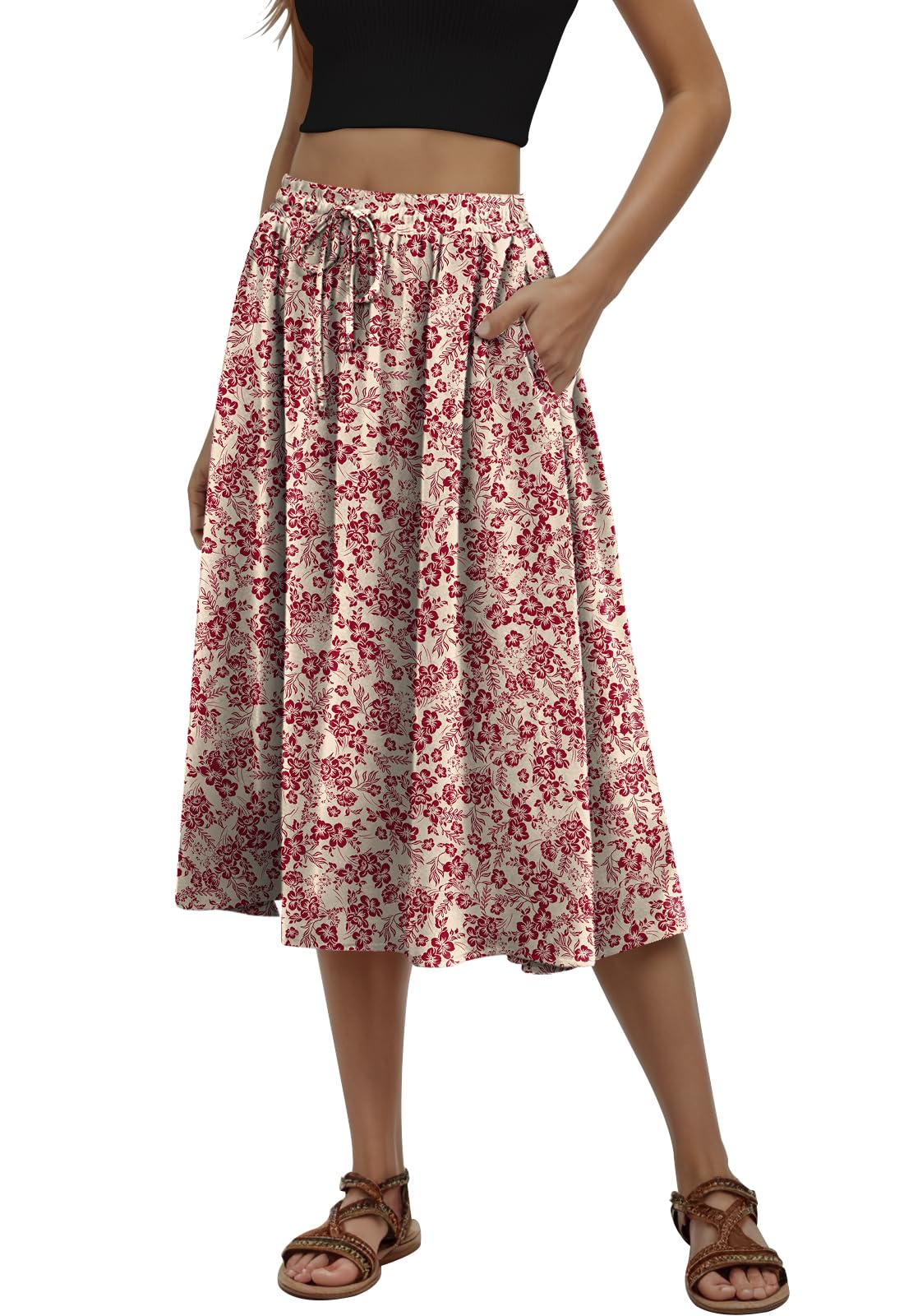 MLXSJ Women's Midi Skirt Summer Pleated Flowy Skirts with Pockets S-3XL