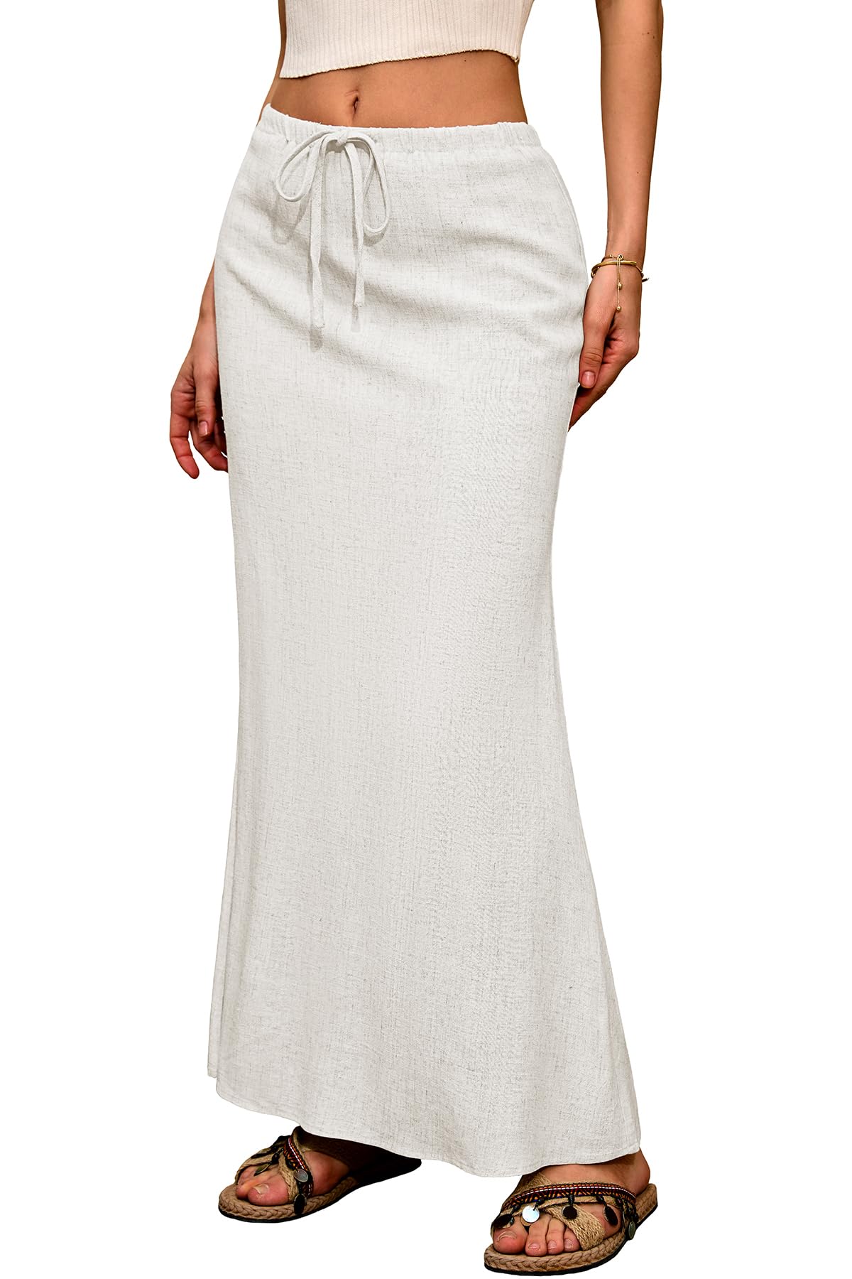 ELLEVEN Linen Flared Maxi Skirt, Boho Flowy Ankle-Length Skirts for Women