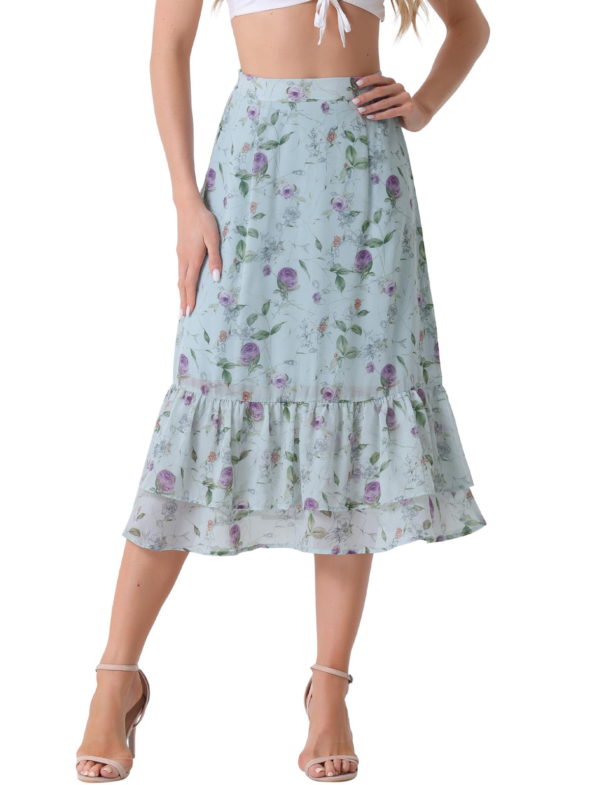Allegra K Women's Printed Skirt Chiffon Ruffle Tiered Flowy Midi Skirts