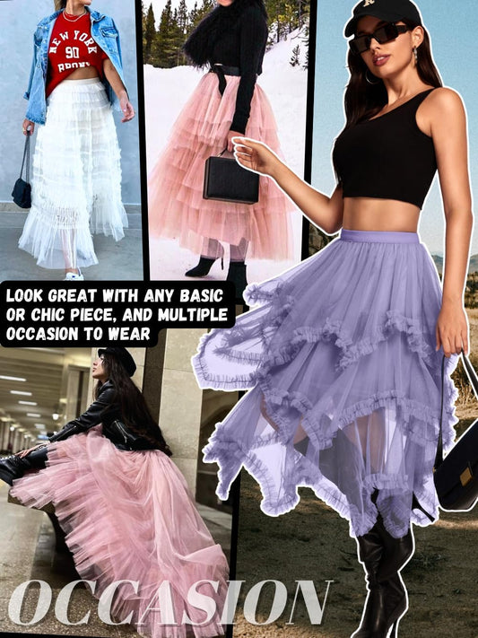 Kaei&Shi Long Tulle Skirt,Asymmetrical Ruffle Hem,Renaissance Fairy Costume