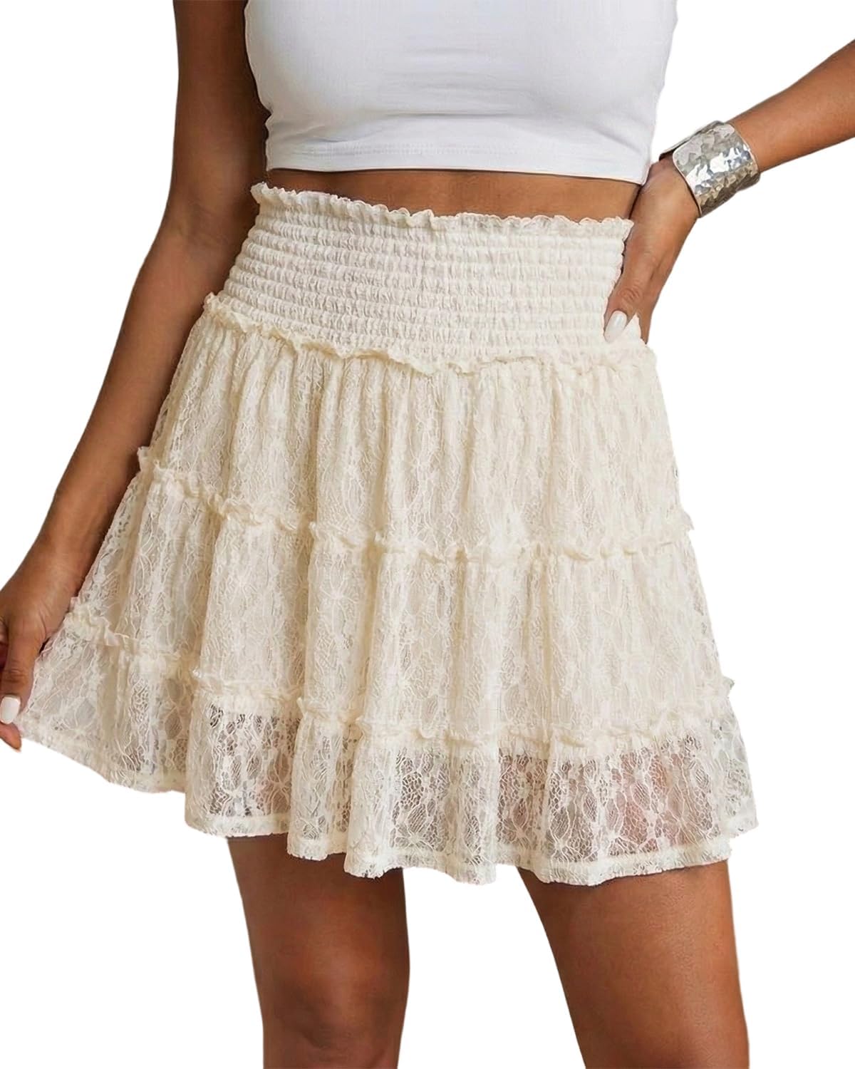 Womens Lace Mini Skirt Skort High Waisted Flowy Skirts with Shorts