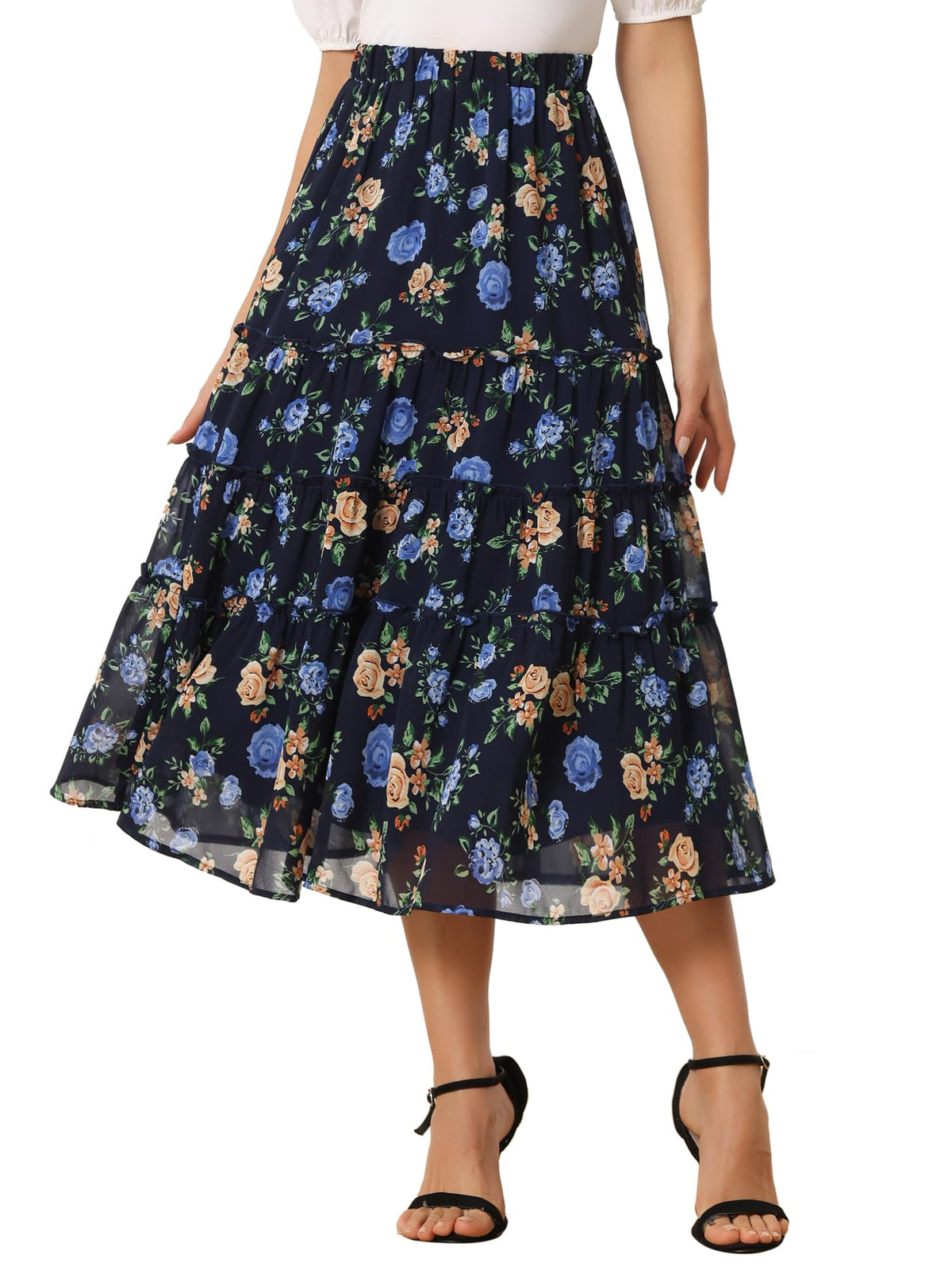 Allegra K Women's Floral Skirt Chiffon A-line Long Tiered Ruffle Maxi Skirt