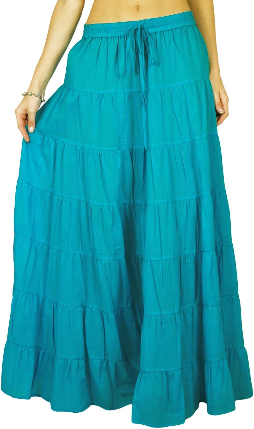Solid Long Maxi Cotton Beach Wear Skirt For Women Elastic Waist Skirt Summer Wear