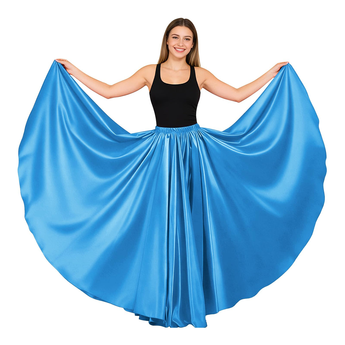 Women Satin Full Circle Ankle Length Swing Long Skirt Maxi Shiny Skirt for Party Cosplay Belly Dance Performance Costume