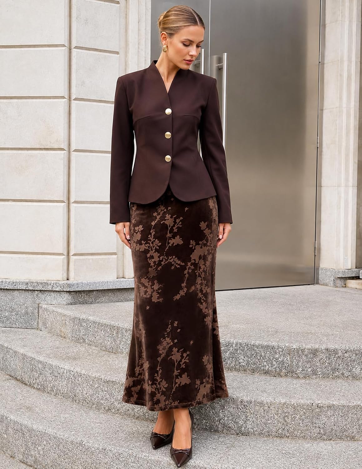 MEROKEETY Women's Fall Floral Velvet Maxi Skirt