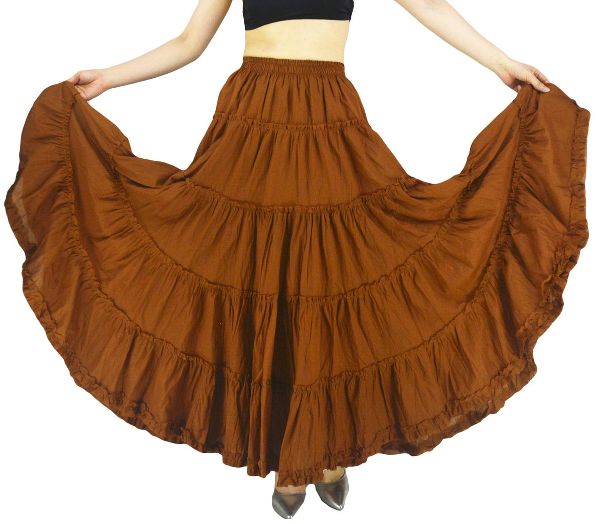 Women's Maxi Skirt Boho Pleated Cotton 5 Tiered Long A-Line Dance Skirts