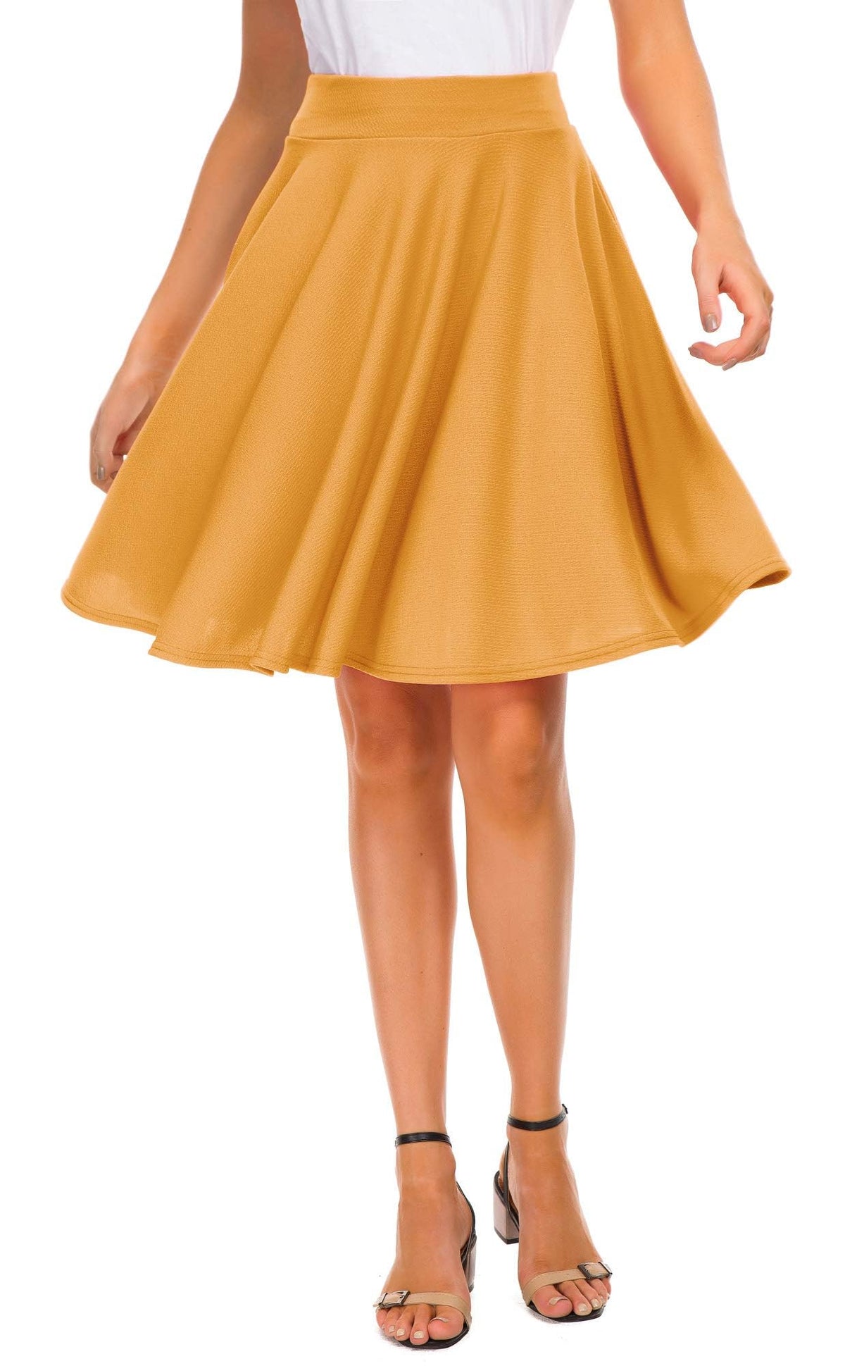 EXCHIC Women's Casual Stretchy Flared Mini Skater Skirt Basic A-Line Pleated Midi Skirt