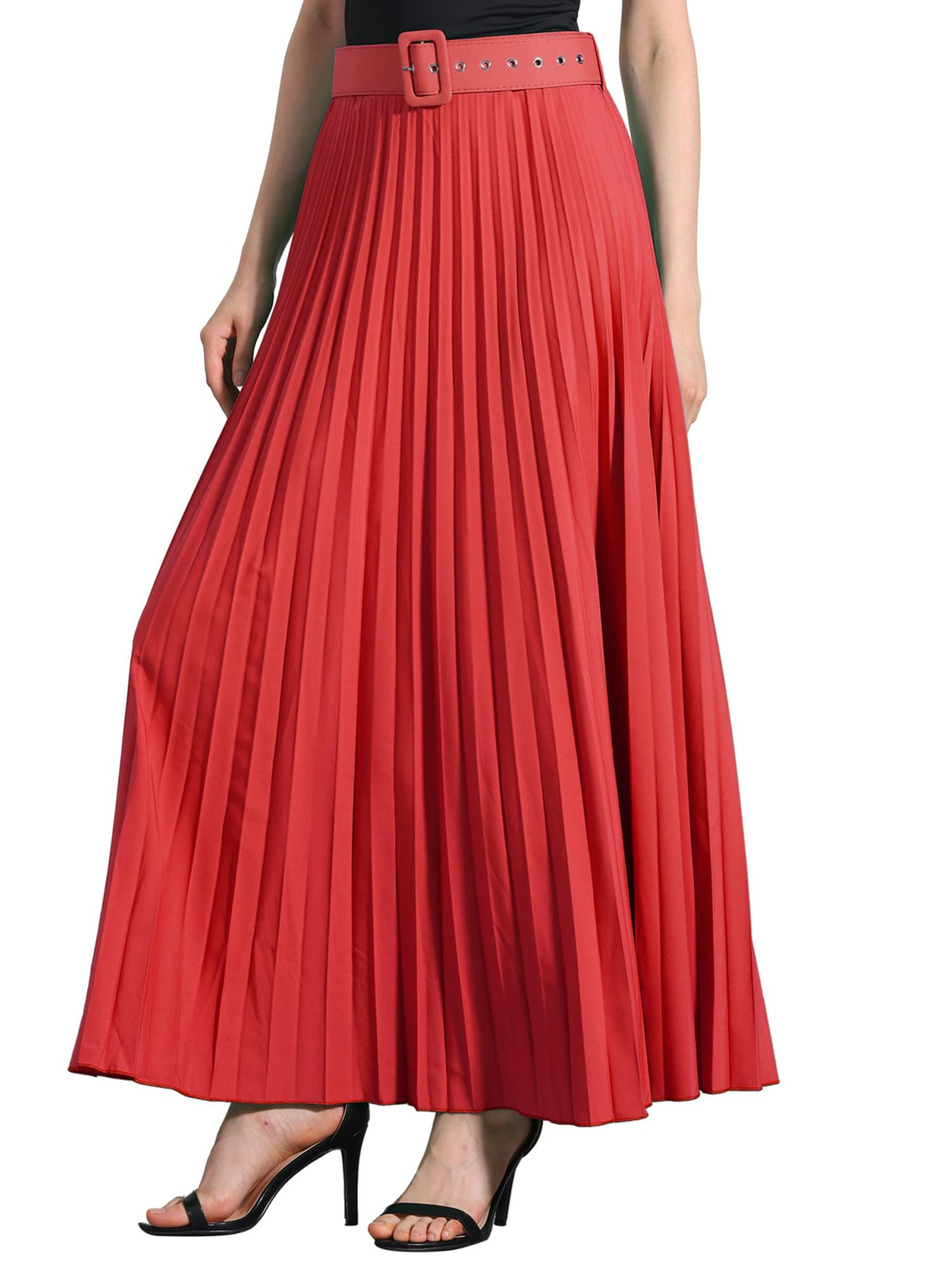 Allegra K Women High Waist Elastic Flowy A-Line Maxi Pleated Skirt