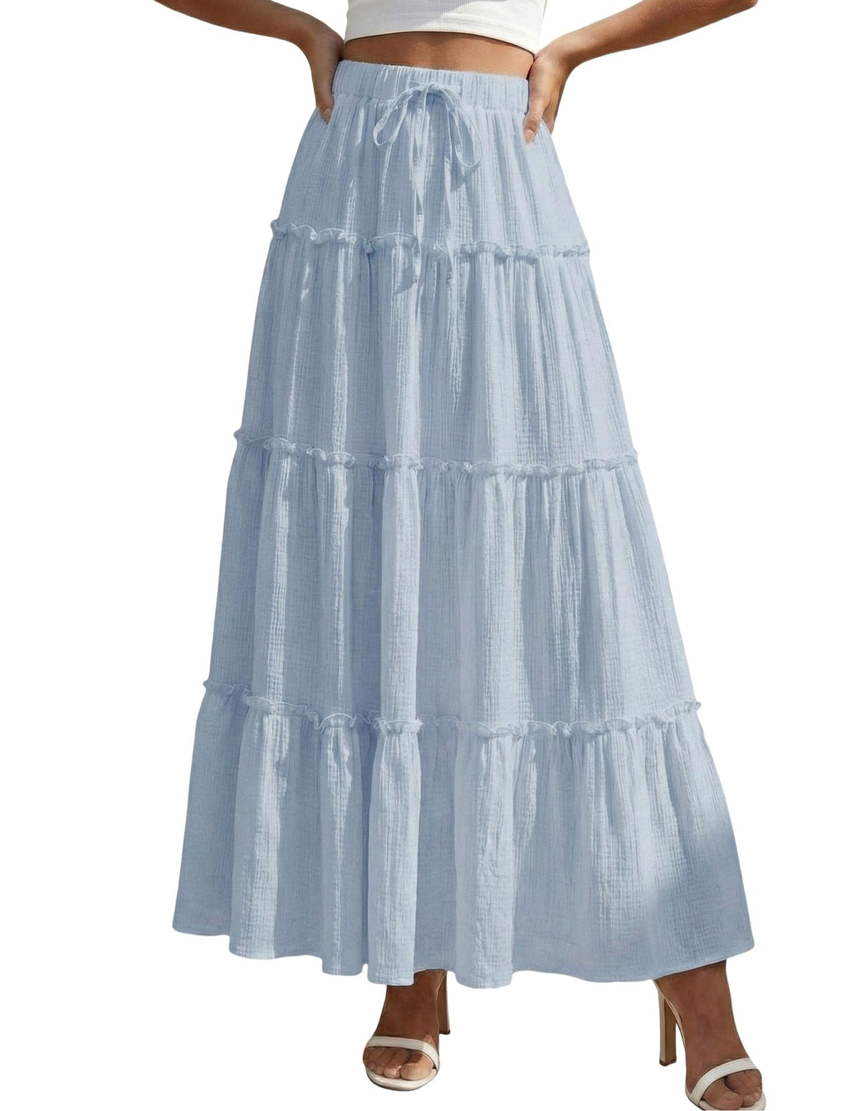 DERAX Womens Boho Maxi Skirt Flowy Ruffle Tiered High Waisted Long Skirts