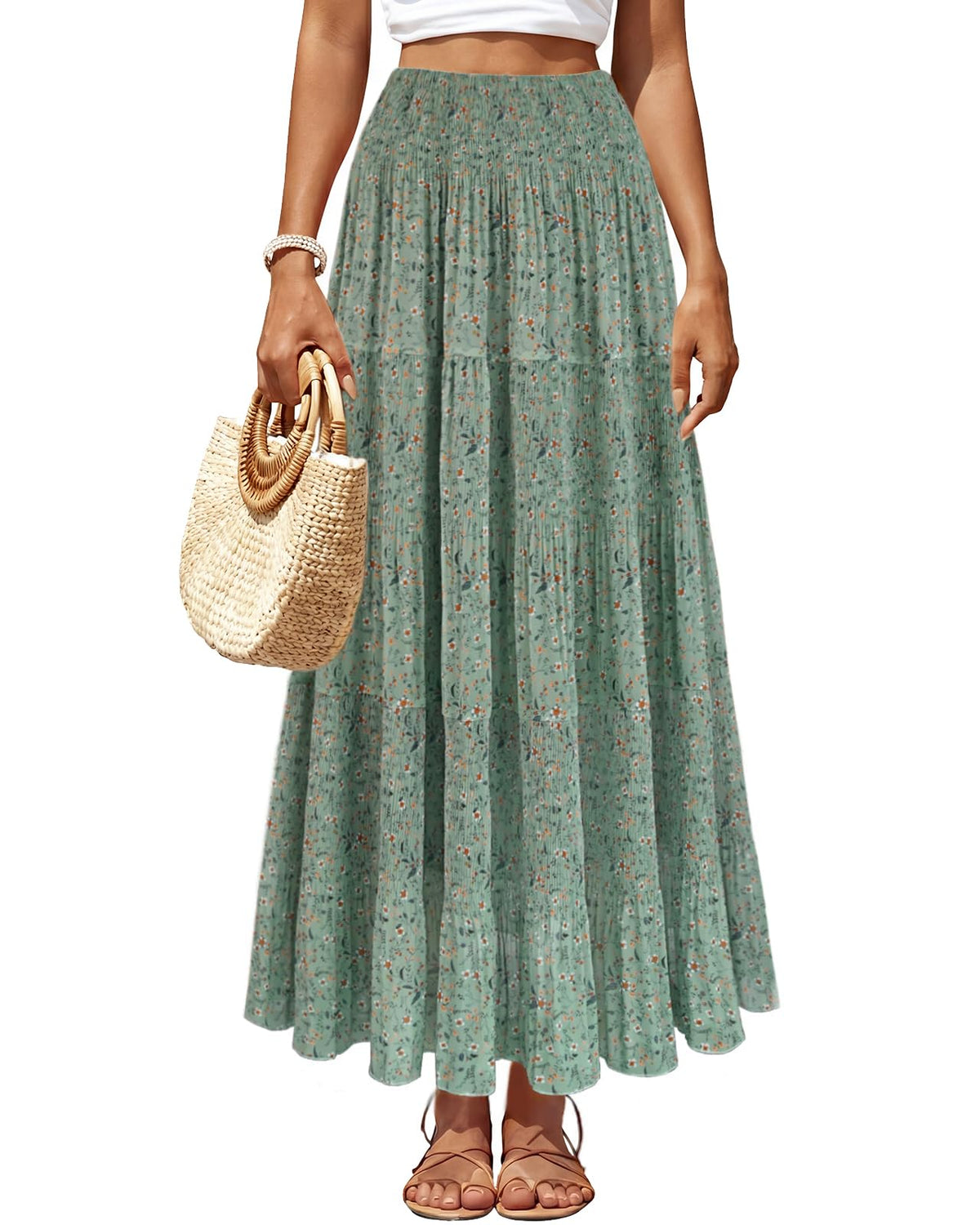 Women's Chiffon Pleated Maxi Skirt High Waist White Long Skirts