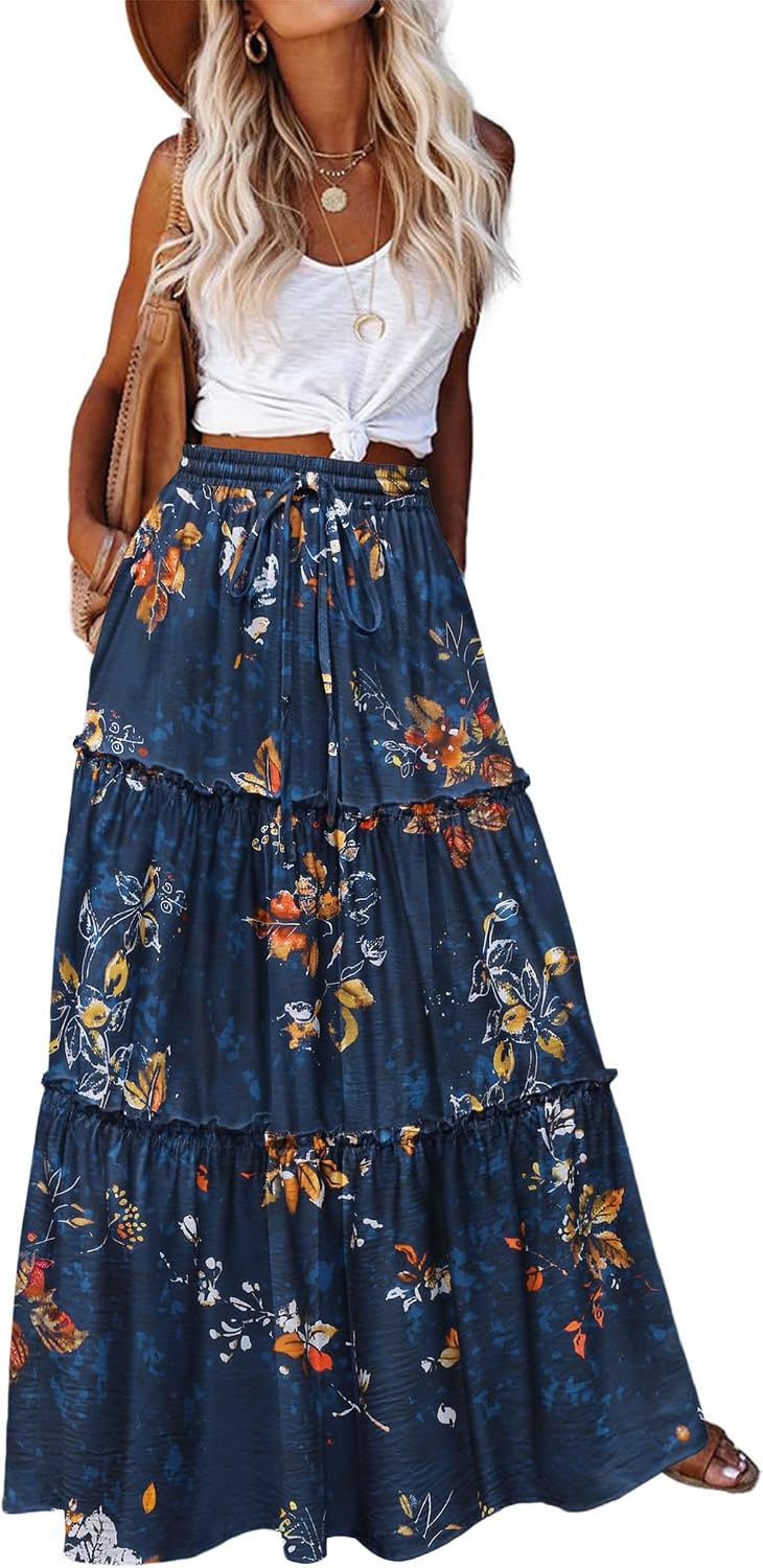 Zeagoo Womens Casual Maxi Skirts for Women 2026 High Waist Boho Skirts Floral Printed Long Flowy Skirt with Pockets
