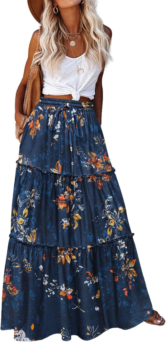 Zeagoo Womens Casual Maxi Skirts for Women 2026 High Waist Boho Skirts Floral Printed Long Flowy Skirt with Pockets