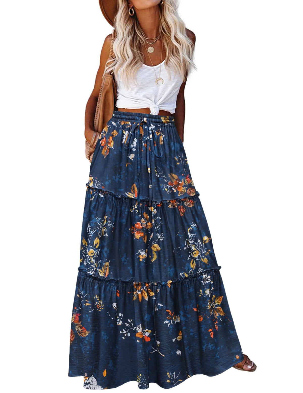 Zeagoo Womens Casual Maxi Skirts for Women 2026 High Waist Boho Skirts Floral Printed Long Flowy Skirt with Pockets