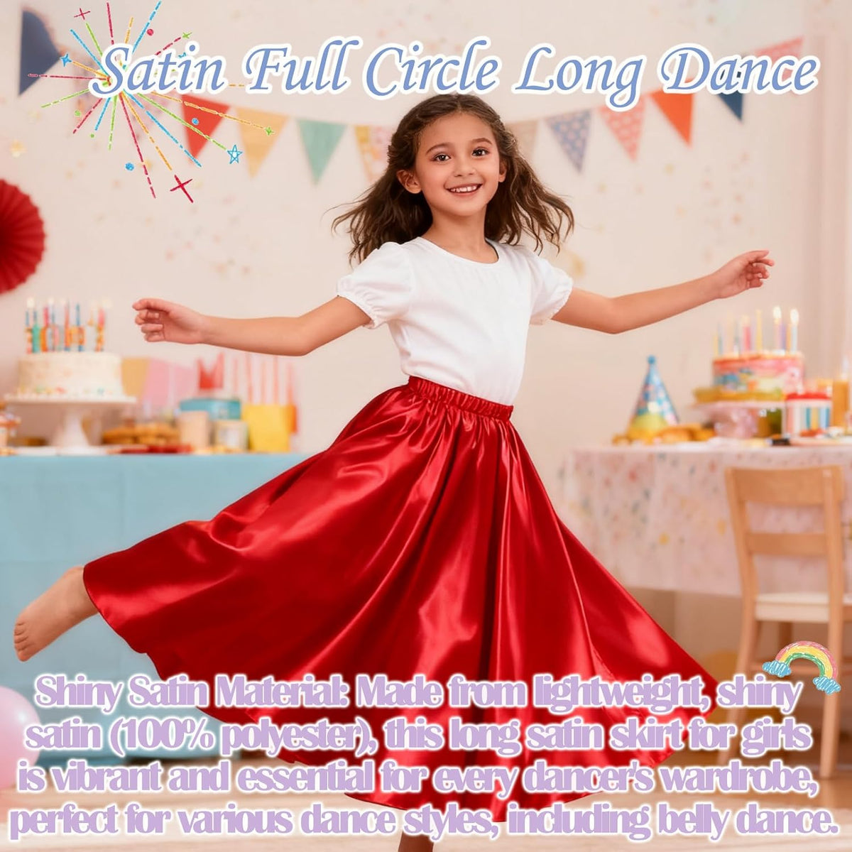 4PCS Ankle Length Satin Full Circle Skirt for Girls, Perfect for Belly Dance and Flamenco, Elegant Swing Dance Attire