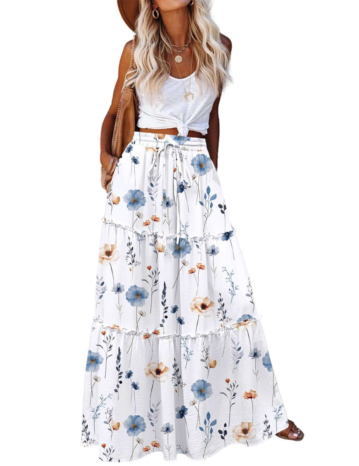 Zeagoo Womens Casual Maxi Skirts for Women 2026 High Waist Boho Skirts Floral Printed Long Flowy Skirt with Pockets