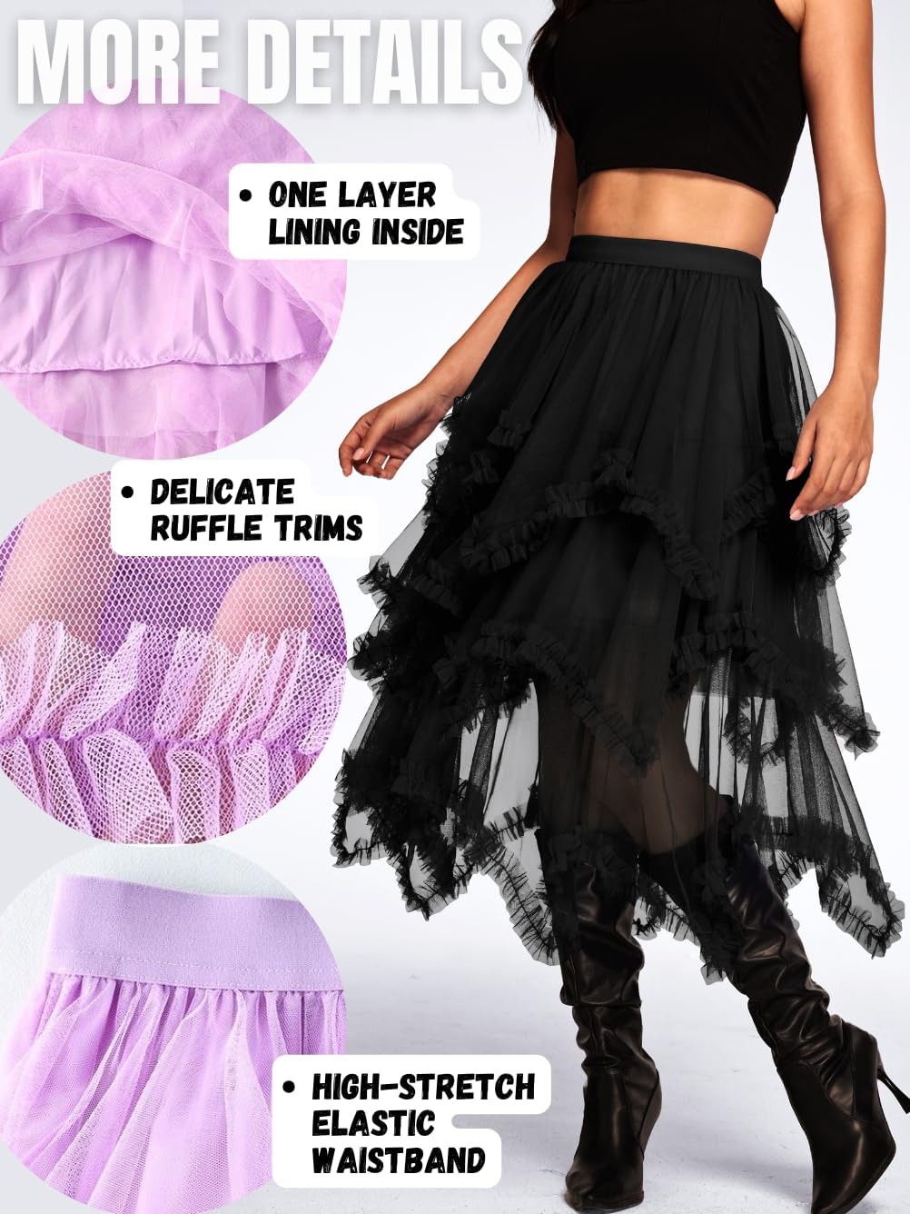 Kaei&Shi Long Tulle Skirt,Asymmetrical Ruffle Hem,Renaissance Fairy Costume