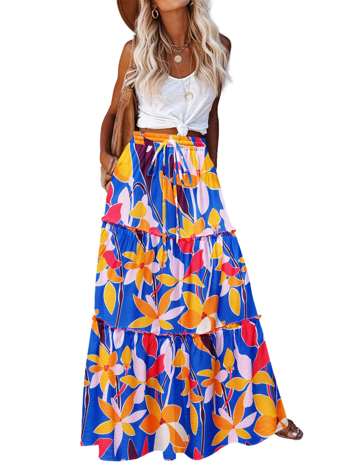 Zeagoo Womens Casual Maxi Skirts for Women 2026 High Waist Boho Skirts Floral Printed Long Flowy Skirt with Pockets