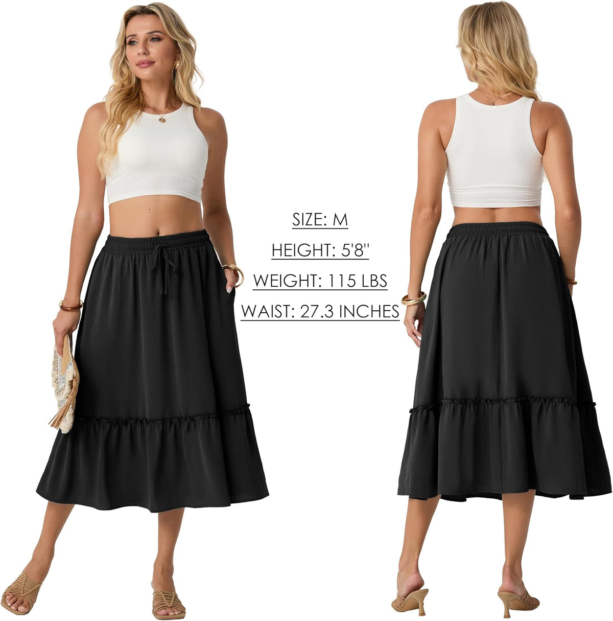 FREEOAK Skirts for Women High Waisted Tiered A Line Midi Skirt Knee Length Summer Skirts Drawstring with Pockets