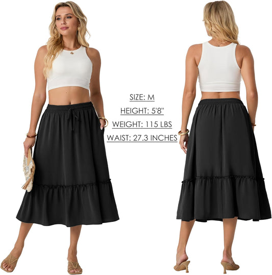 FREEOAK Skirts for Women High Waisted Tiered A Line Midi Skirt Knee Length Summer Skirts Drawstring with Pockets
