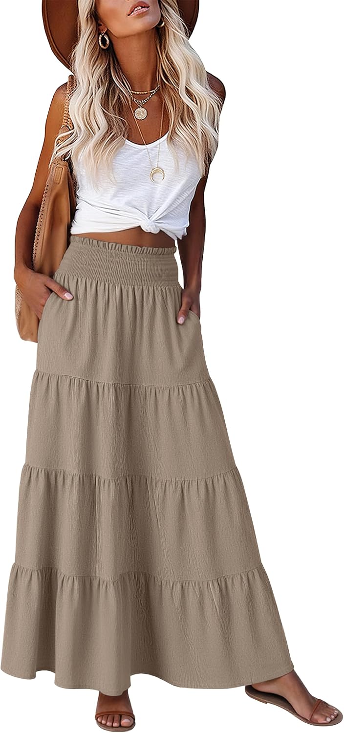 ANRABESS Womens Maxi Skirts, Elastic High Waist A-Line Tiered, Long Flowy Boho Skirts, Summer Casual Beach & Vacation Wear