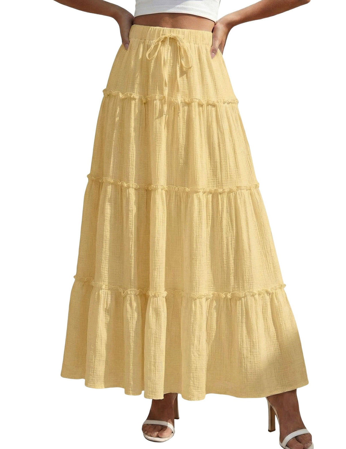 DERAX Womens Boho Maxi Skirt Flowy Ruffle Tiered High Waisted Long Skirts