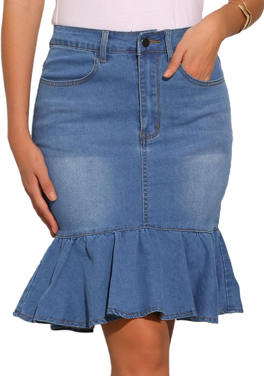 Allegra K Denim Skirt for Women's Summer 2026 Bodycon Fishtail Ruffled Knee Length Jean Skirt